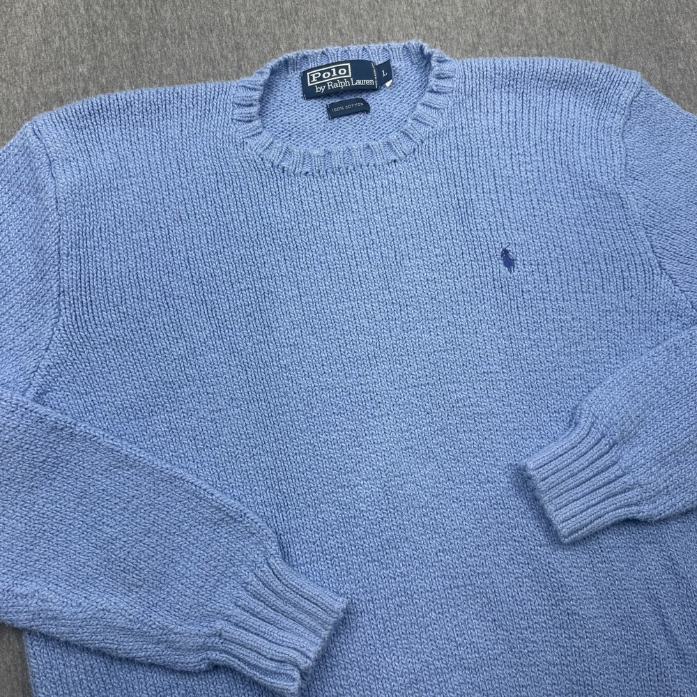 Polo Ralph Lauren Cotton Knit Crewneck Sweater Mens Large Blue Winter Cozy Prep